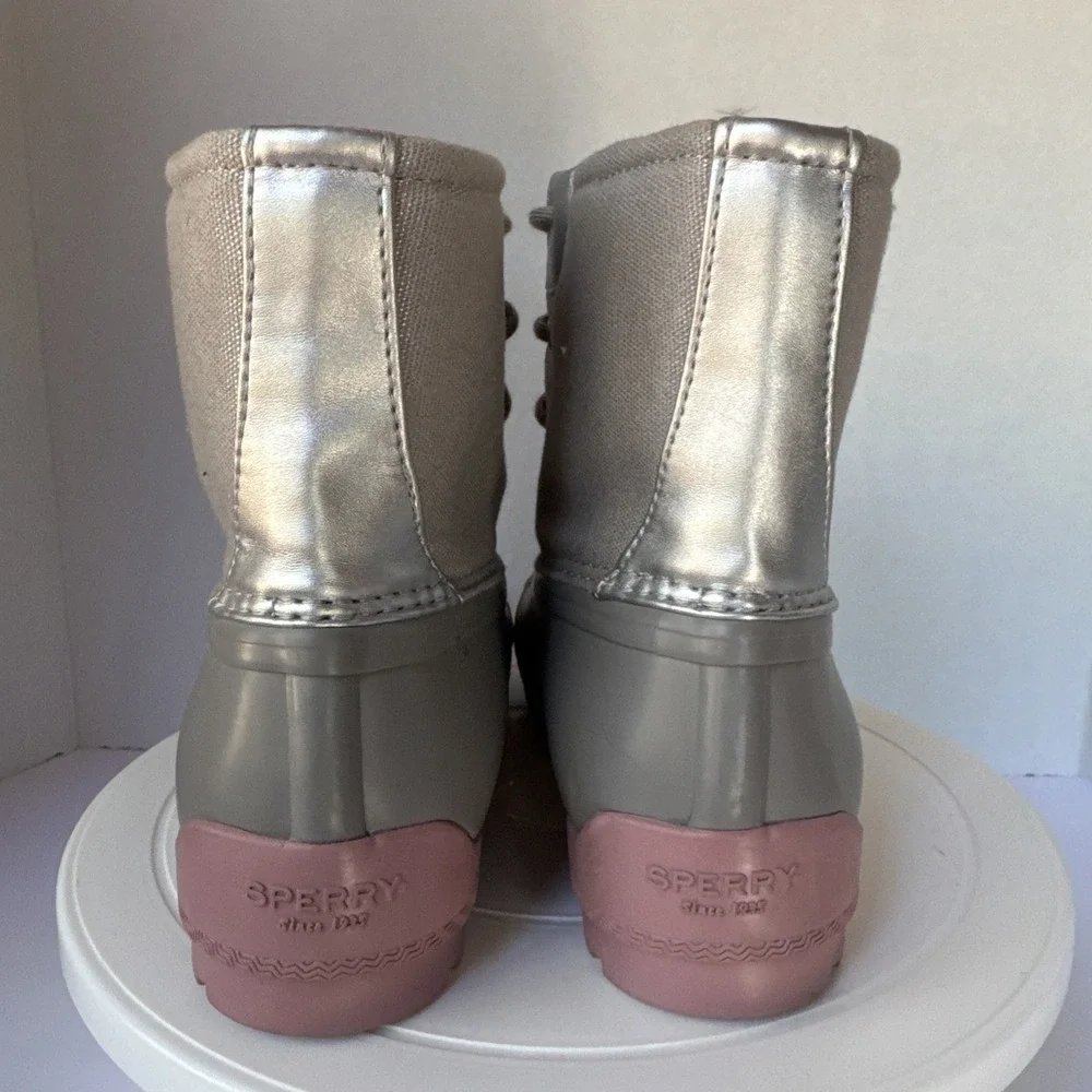 SPERRY Kids Port Duck Boots Girls 5M Grey Pink Water Resistant Weather Rain Snow